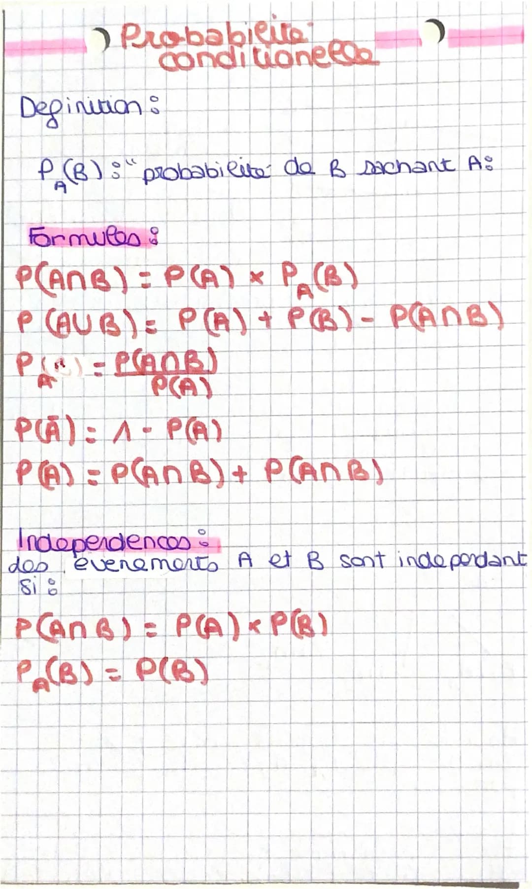 Probabilite
conditionelle

Definition:

$P_A(B)$: "probabilite de B sachant A:

Formules:

$P(A\cap B) = P(A) \times P_A(B)$

$P(A\cup B) = 