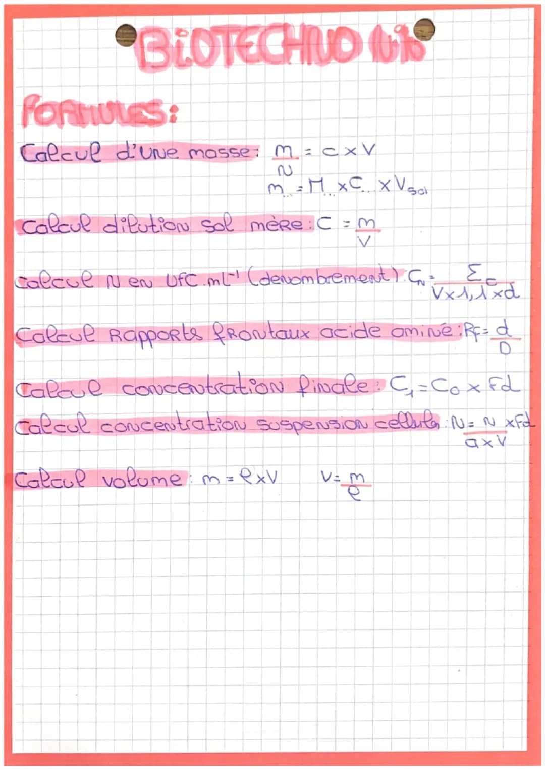 # BIOTECHINO 10%。

FORMULES:
Calcul d'une masse: M = cx V

$
\underset{n}{m} = M x C x V_{sol}$

calcul dilution sol mère: C= $\frac{M}{V}$
