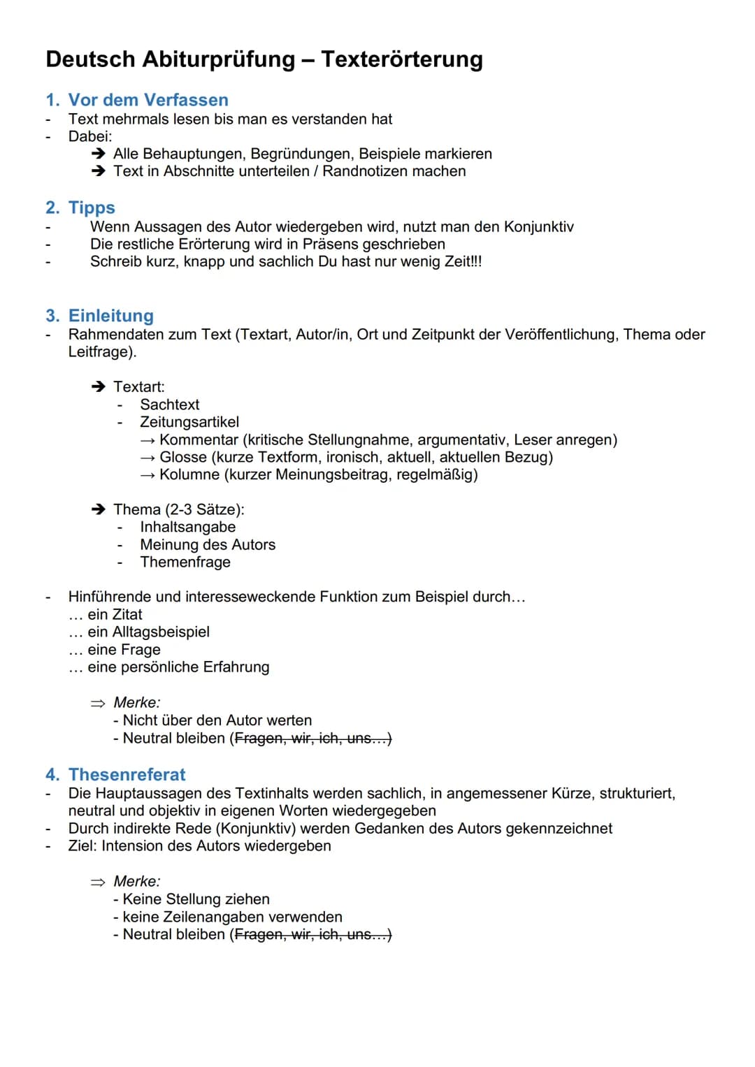 # Deutsch Abiturprüfung - Texterörterung

1. Vor dem Verfassen

- Text mehrmals lesen bis man es verstanden hat
- Dabei:
  - → Alle Behauptu