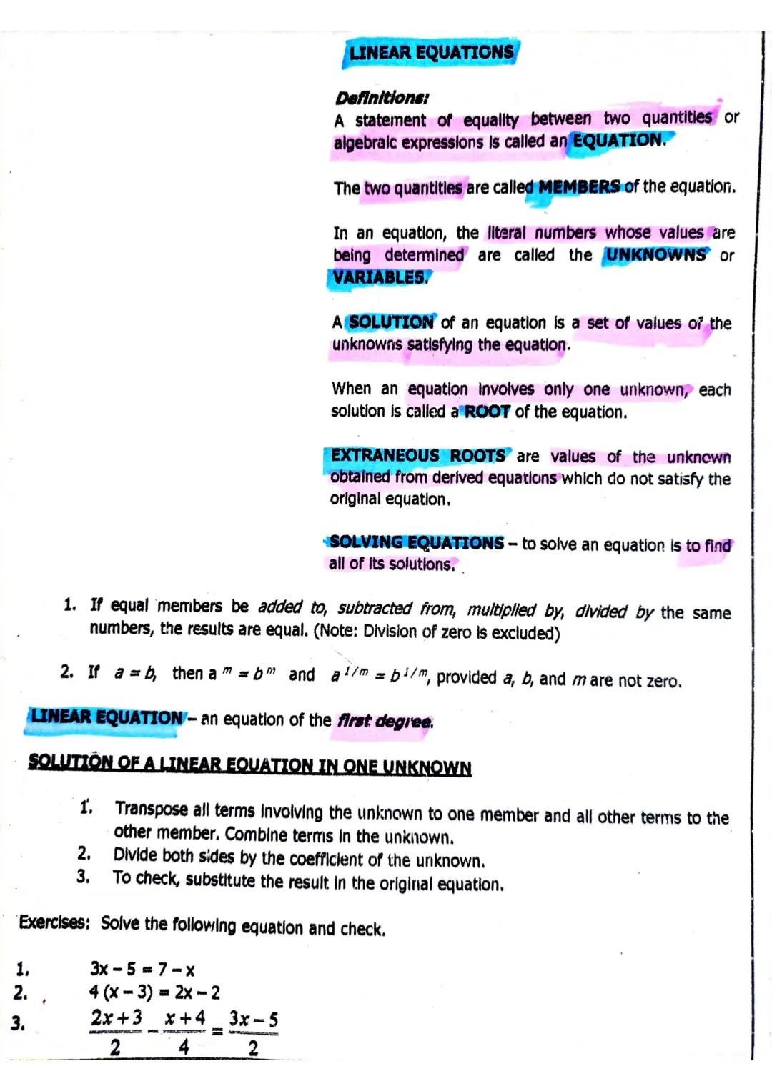 # LINEAR EQUATIONS

Definitions:
A statement of equality between two quantities or
algebraic expressions is called an EQUATION.

The two qua