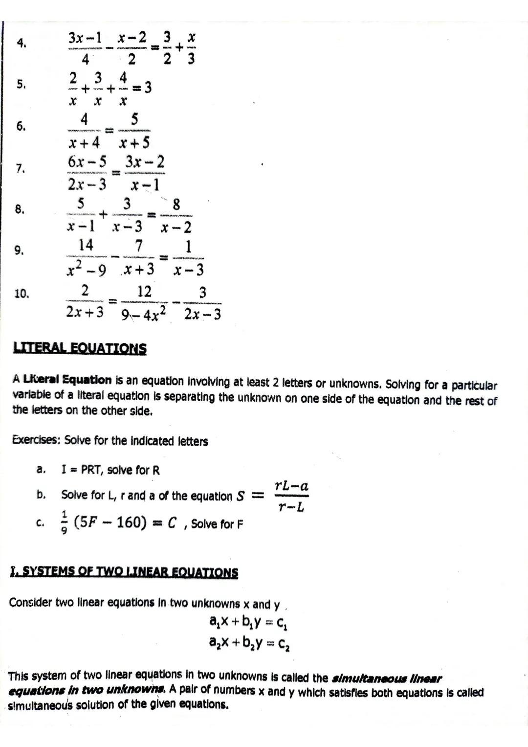 # LINEAR EQUATIONS

Definitions:
A statement of equality between two quantities or
algebraic expressions is called an EQUATION.

The two qua
