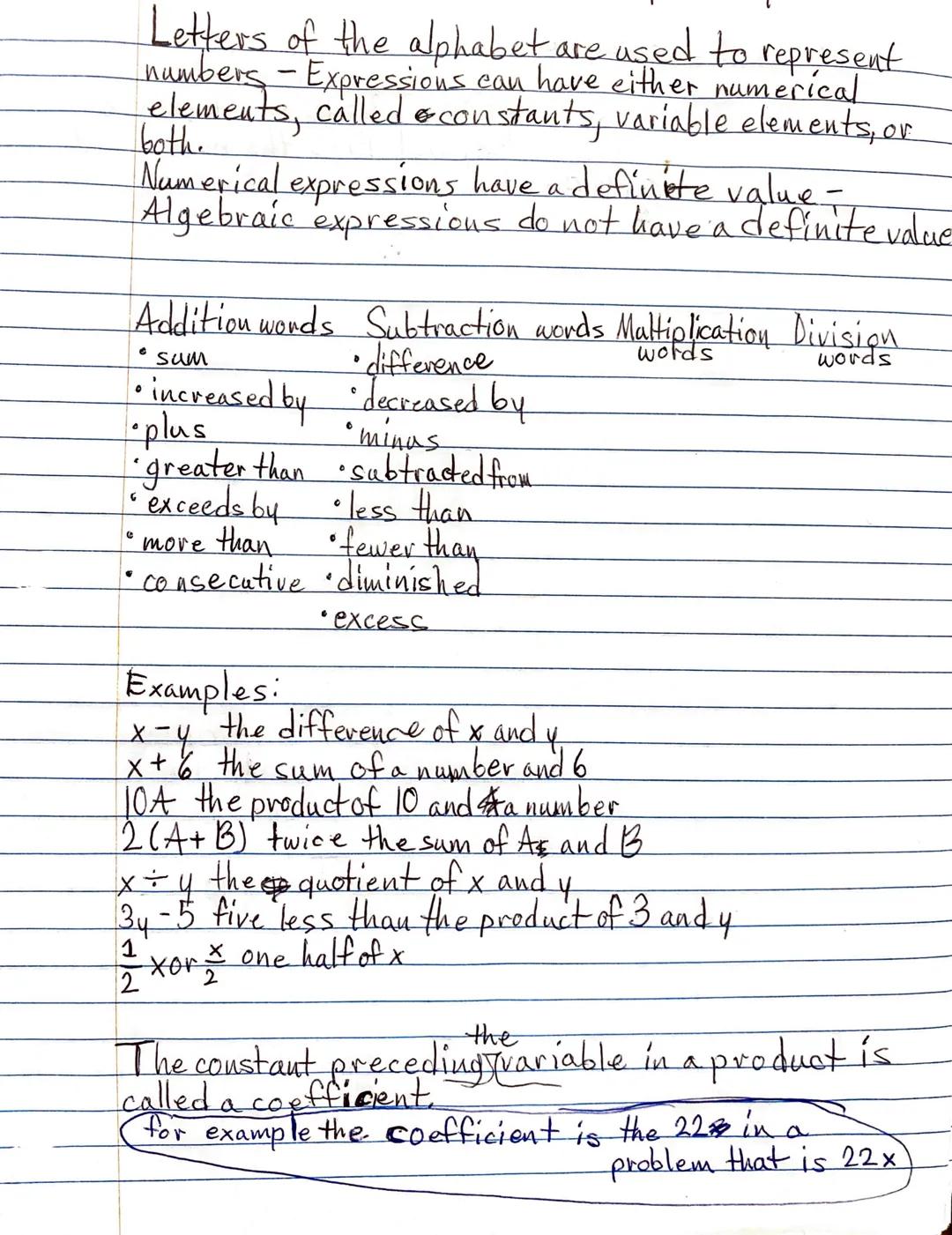 Letters of the alphabet are used to represent
numbers - Expressions can have either numerical
elements, called constants, variable elements,
