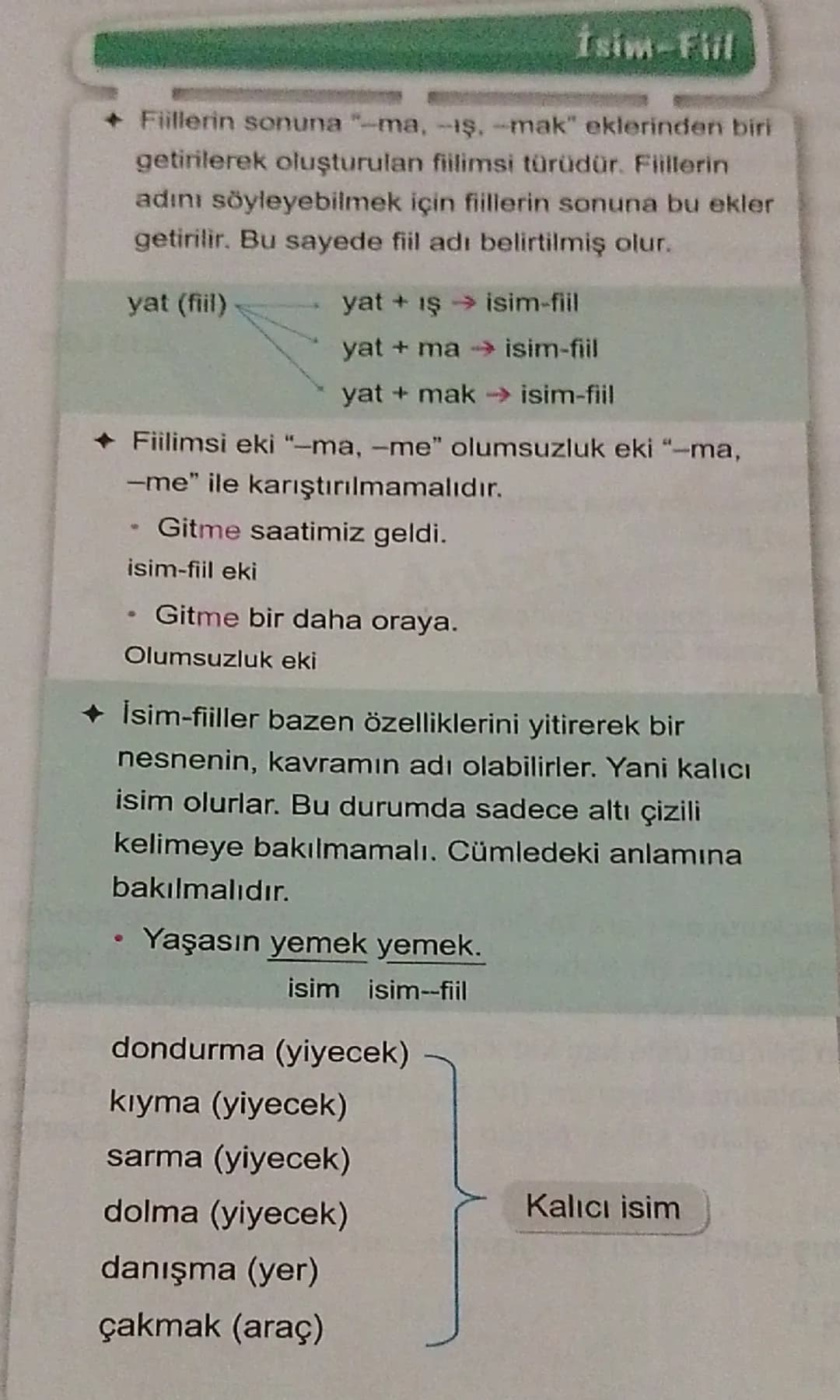 İsim-Fiil

◆ Fiillerin sonuna "-ma, -ış, mak" eklerinden biri
getirilerek oluşturulan fiilimsi türüdür. Fiillerin
adını söyleyebilmek için f