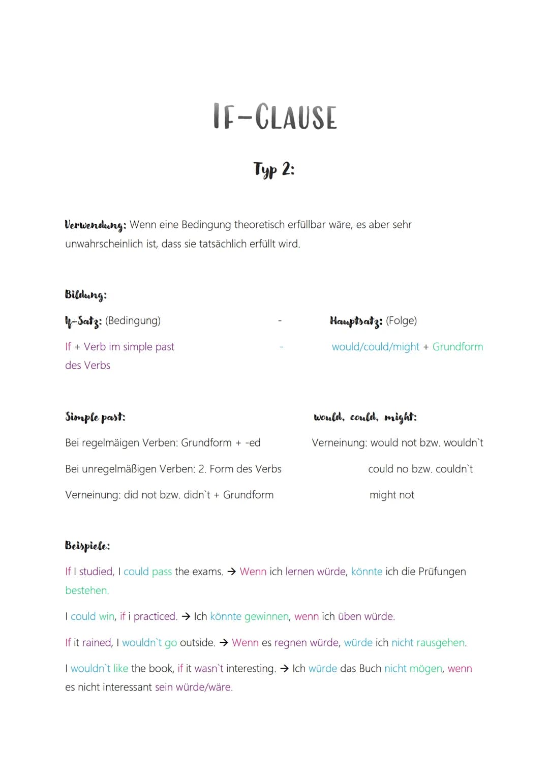 # IF-CLAUSE

Typ 1:

Verwendung: Wenn eine Bedingung erfüllbar ist, und auch sehr wahrscheinlich erfüllt
werden wird.

Bildung:

I-Satz: (Be