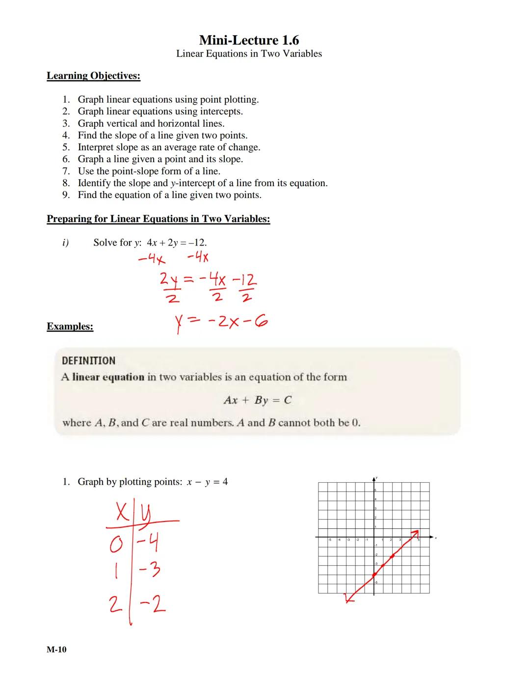 # Mini-Lecture 1.6
Linear Equations in Two Variables

Learning Objectives:

1.  Graph linear equations using point plotting.
2.  Graph linea