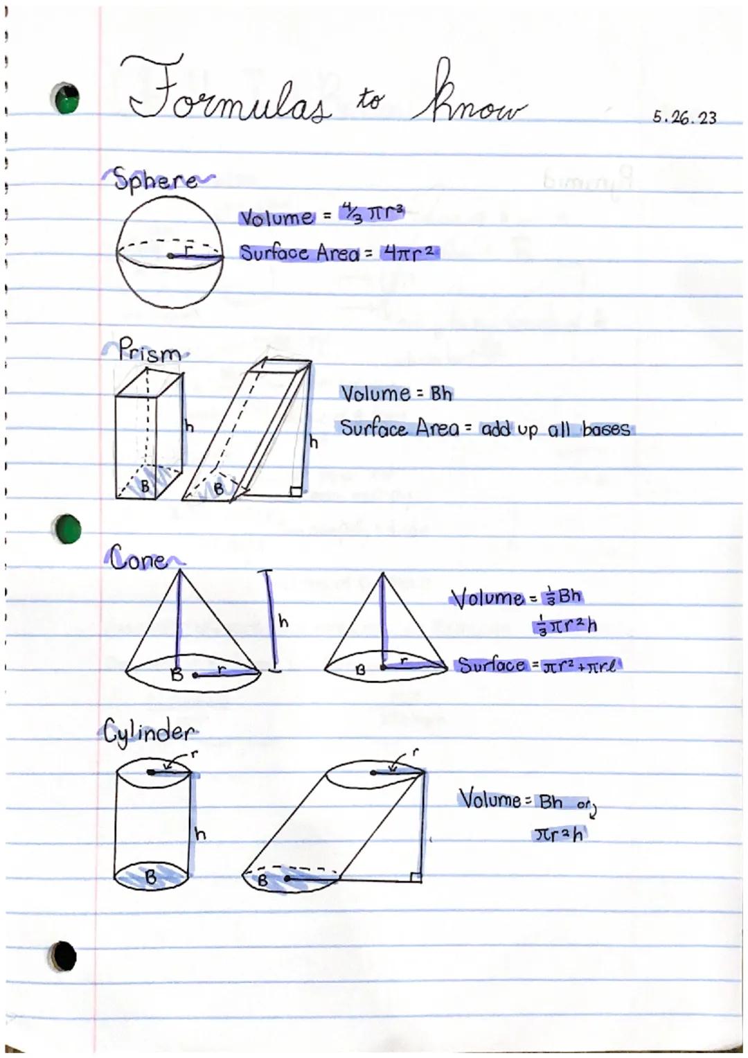 # Formulas to know

Sphere

Volume = "πα

--Surface Area = $4\pi r^2$

Prism

B

Cone

h

h

B

Cylinder

h

B

B

h

Volume = Bh

Surface A