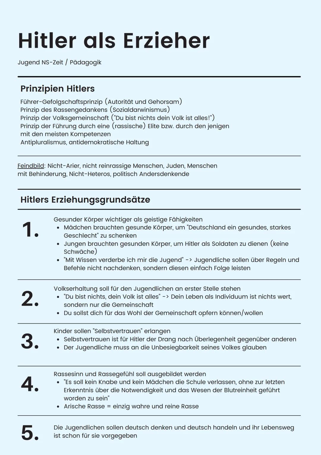 # Hitler als Erzieher
Jugend NS-Zeit / Pädagogik

Prinzipien Hitlers

Führer-Gefolgschaftsprinzip (Autorität und Gehorsam)
Prinzip des Rasse