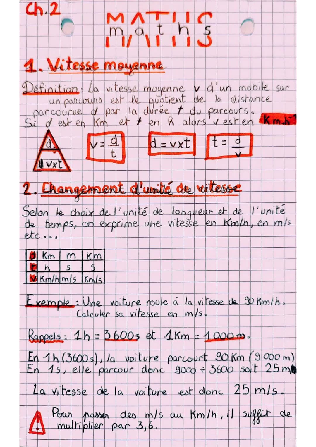 Ch.2

mains
MATIC
maths

1. Vitesse moyenne

Définition La vitesse moyenne v d'un mobile sur
un parcours est le quotient de la distance.
par
