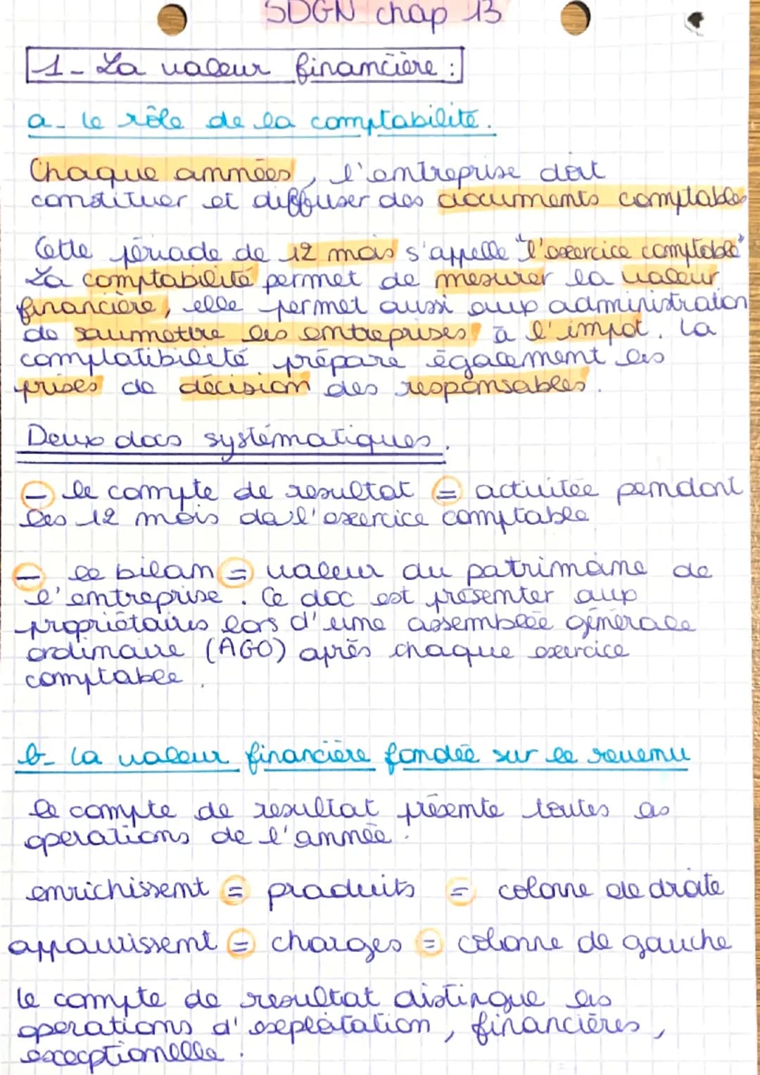 SDGN chap 13

1- La valeur financière:

a- le rôle de la comptabilité.

Chaque ammées, l'entreprise dat
constituer et diffuser des accuments