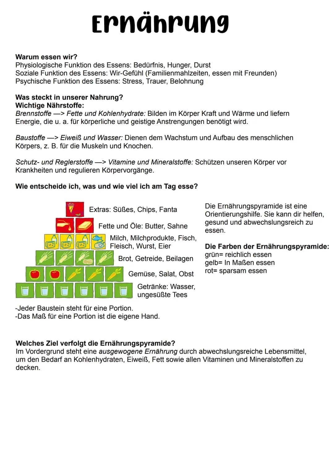 # Ernährung

Warum essen wir?
Physiologische Funktion des Essens: Bedürfnis, Hunger, Durst
Soziale Funktion des Essens: Wir-Gefühl (Familien