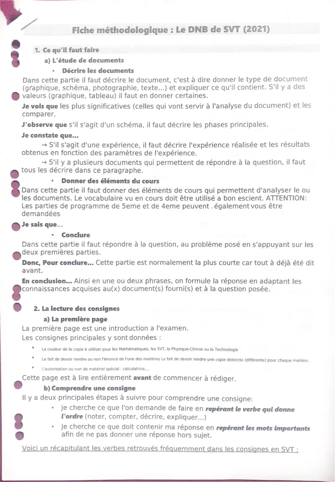 # Fiche méthodologique: Le DNB de SVT (2021)

1. Ce qu'il faut faire

a) L'étude de documents

*   Décrire les documents

Dans cette partie 