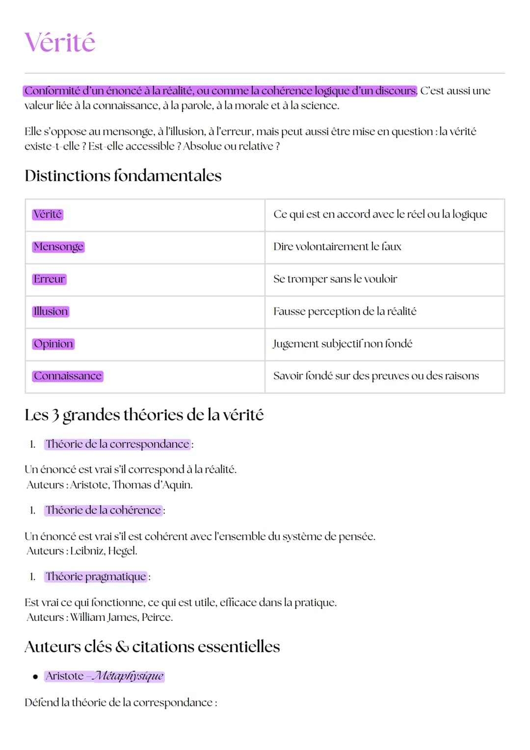 Vérité
Conformité d'un énoncé à la réalité, ou comme la cohérence logique d'un discours. C'est aussi une
valeur liée à la connaissance, à la