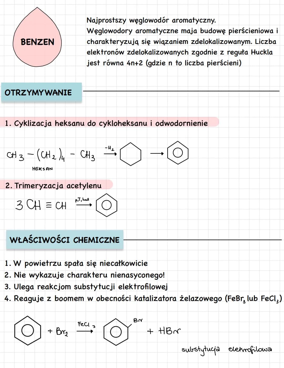 BENZEN

Najprostszy węglowodór aromatyczny.
Węglowodory aromatyczne maja budowę pierścieniowa i
charakteryzują się wiązaniem zdelokalizowany