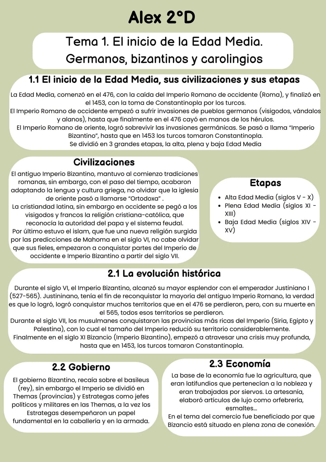 # Alex 2°D

Tema 1. El inicio de la Edad Media.
Germanos, bizantinos y carolingios

1.1 El inicio de la Edad Media, sus civilizaciones y sus