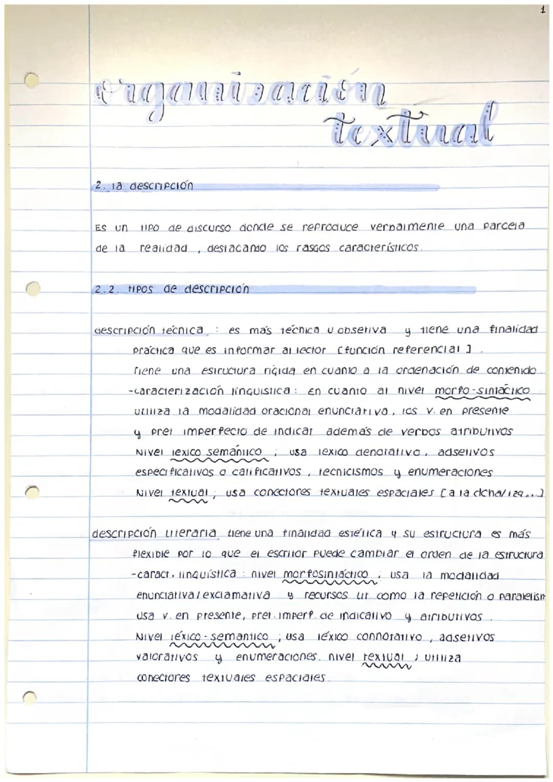 # Organizacion

textual

2. la descriPCIÓN

ES UN TIPO de discurso doncie se reproduce verbalmente una parcela
de la realidad, destacamo los