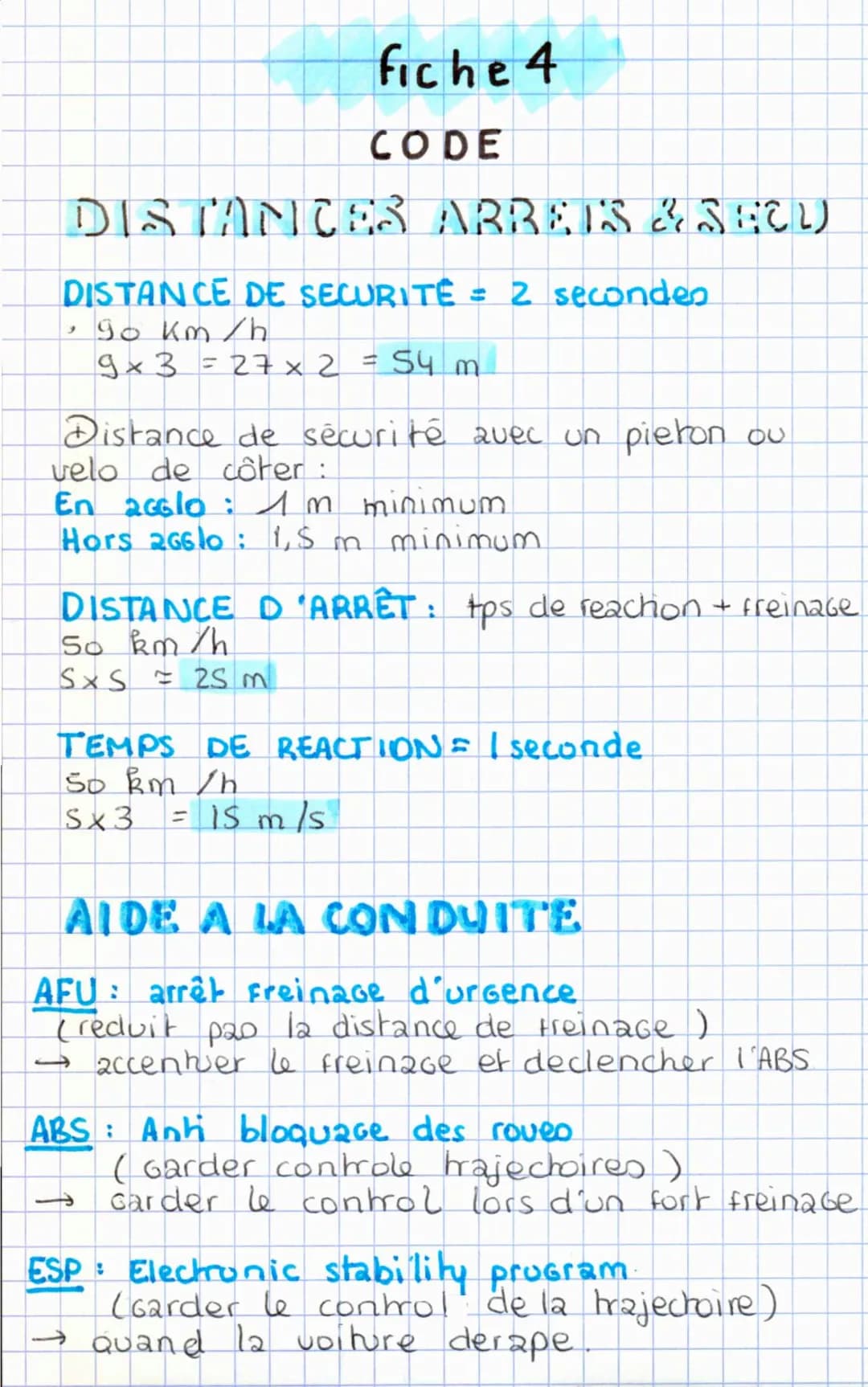 fiche 4

CODE

DISTANCES ARREIS & SECU

DISTANCE DE SECURITÉ = 2 secondes
*   90 km/h

$9x3 = 27 x 2 = 54 m$

Distance de sécurité avec un p