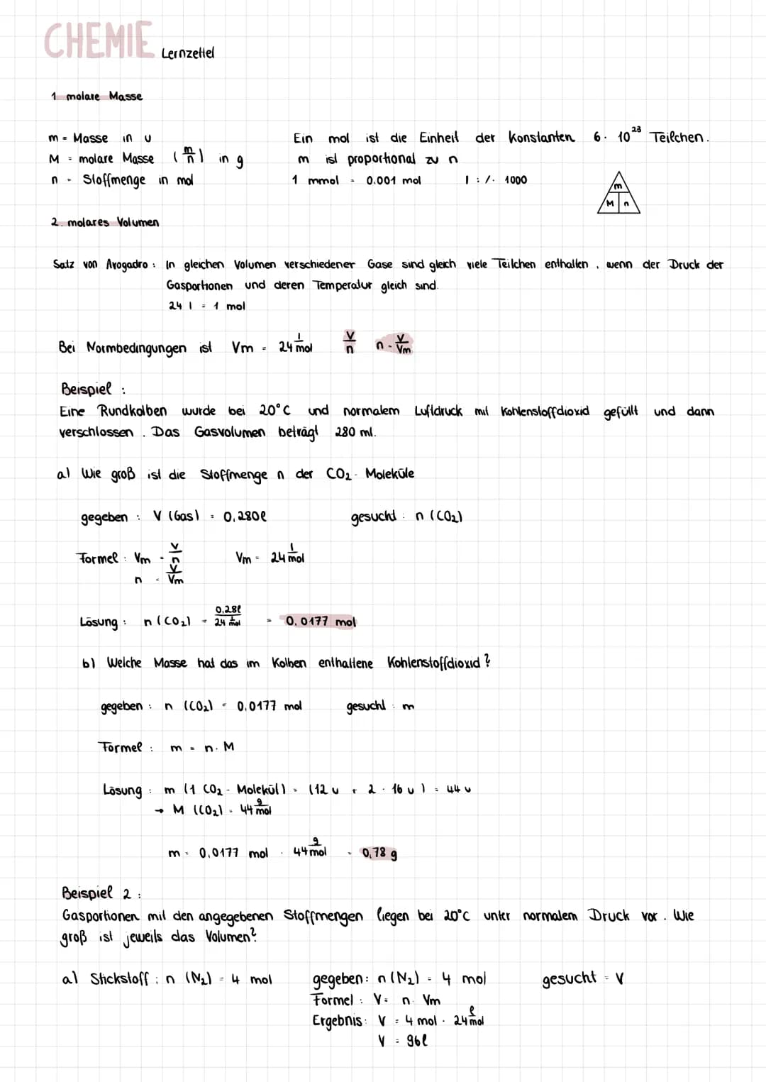 # CHEMIE Lernzettel

1. molare Masse

- m Masse in u
- M molare Masse ($\frac{m}{n}$) in g
- n Sloffmenge in mol

Ein mol ist die Einheit de