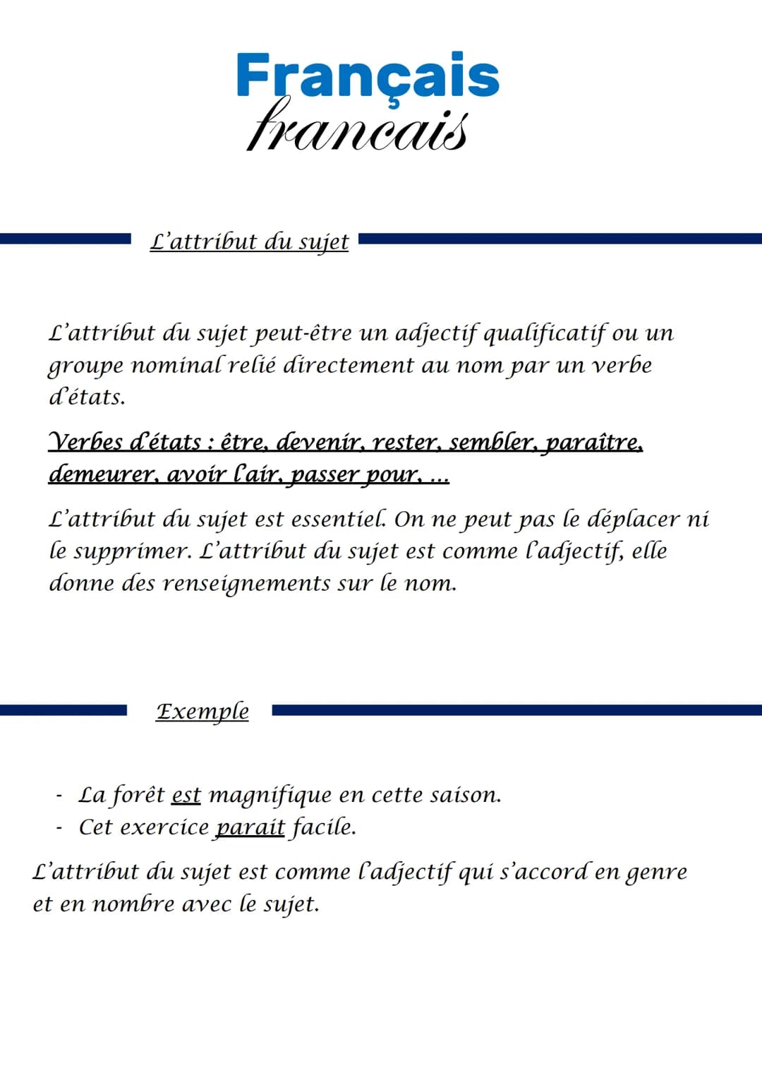 # Français
francais

L'attribut du sujet

L'attribut du sujet peut-être un adjectif qualificatif ou un
groupe nominal relié directement au n
