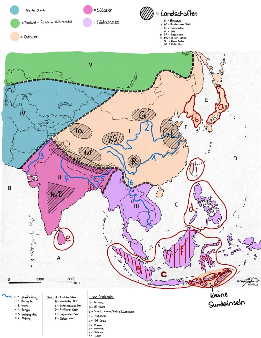 - Teile des Orients
- Russland Russischer Kulturerdteil
- Ostasien
- Südasien
- Südostasien

= Landschaften
- Hi - Himalaya
- HUT Hochland v
