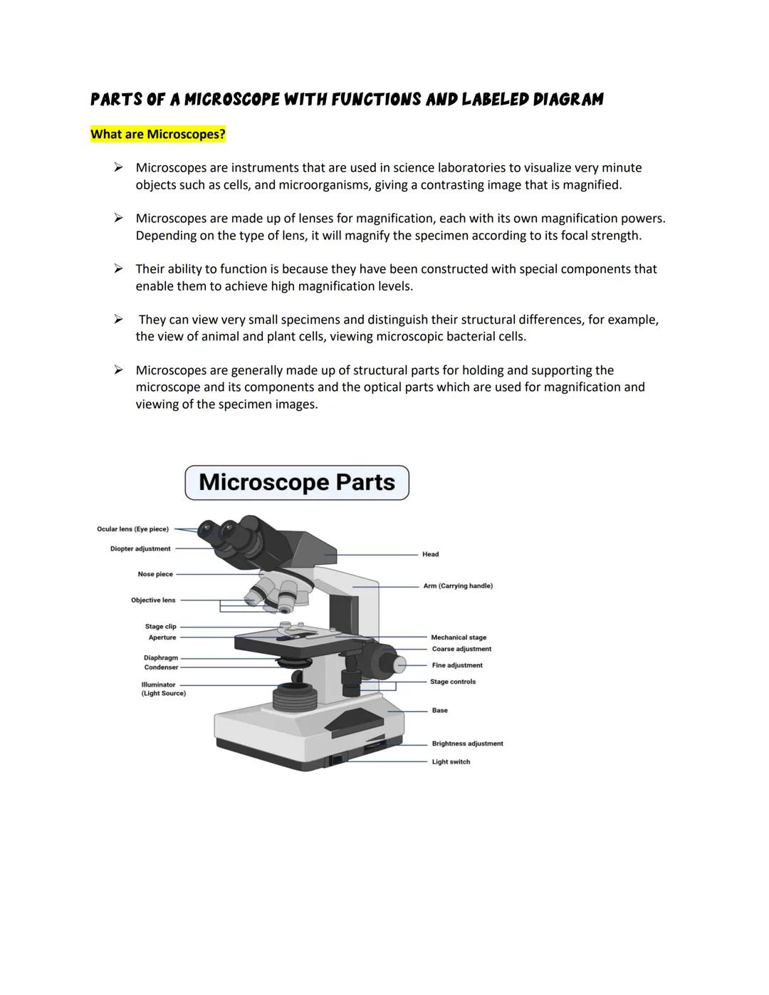# PARTS OF A MICROSCOPE WITH FUNCTIONS AND LABELED DIAGRAM
What are Microscopes?
➤ Microscopes are instruments that are used in science labo