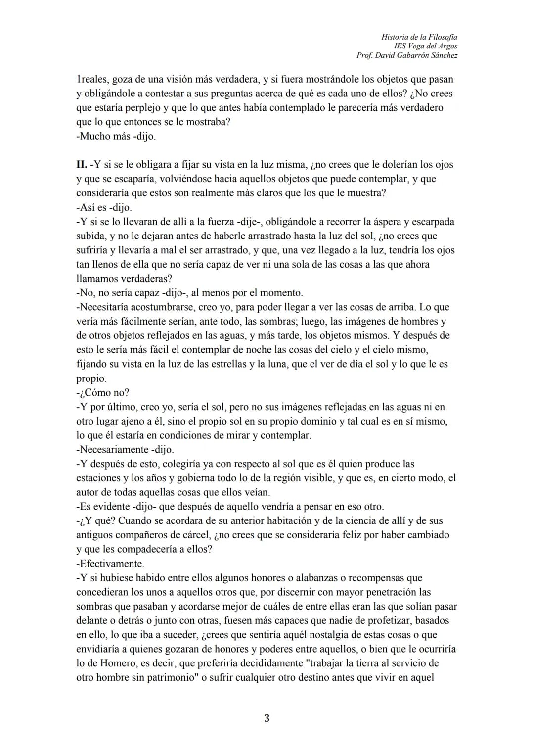 Historia de la Filosofia
IES Vega del Argos
Prof. David Gabarrón Sánchez

# PLATÓN

## ÍNDICE

- TEXTO: "El Mito de la Caverna" (Libro VII, 