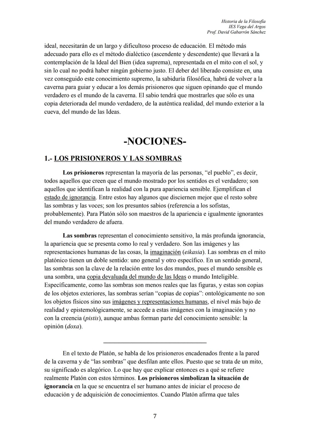 Historia de la Filosofia
IES Vega del Argos
Prof. David Gabarrón Sánchez

# PLATÓN

## ÍNDICE

- TEXTO: "El Mito de la Caverna" (Libro VII, 