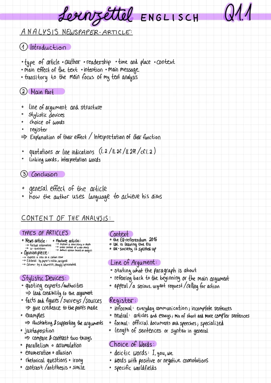 Lernzettel ENGLISCH
FORMULATIONS:
Q1.1

① The newspaper article "TITLE" written by [AUTHOR] and published in the quality paper/
popular pape