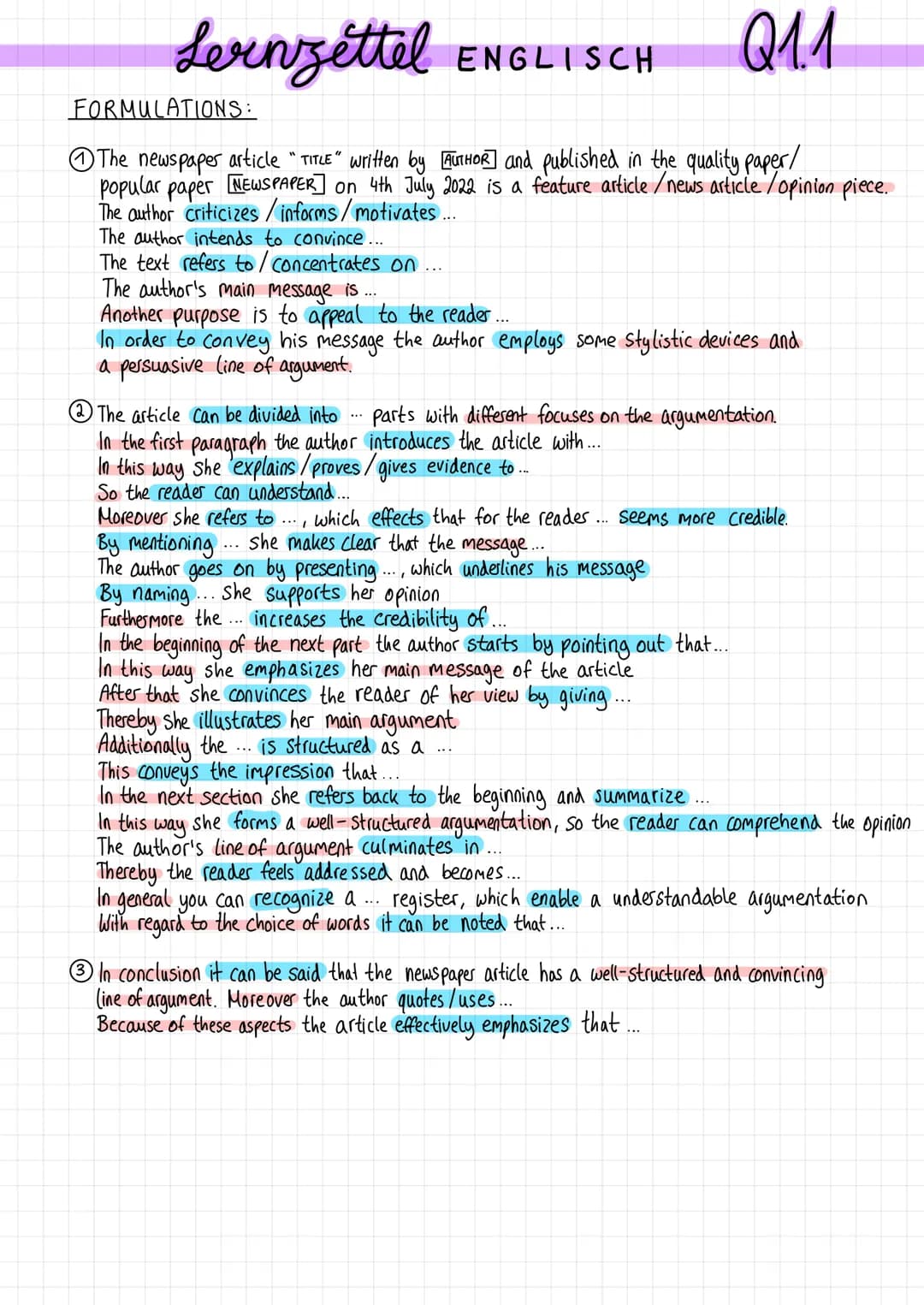 Lernzettel ENGLISCH
FORMULATIONS:
Q1.1

① The newspaper article "TITLE" written by [AUTHOR] and published in the quality paper/
popular pape