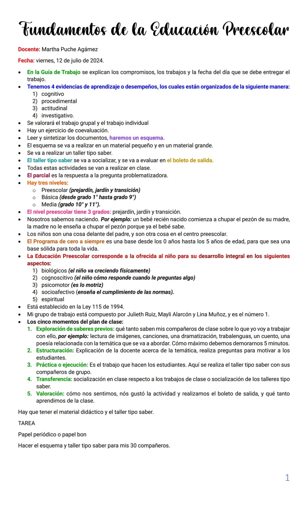 # Fundamentos de la Educación Preescolar

Docente: Martha Puche Agámez

Fecha: viernes, 12 de julio de 2024.

- En la Guía de Trabajo se exp