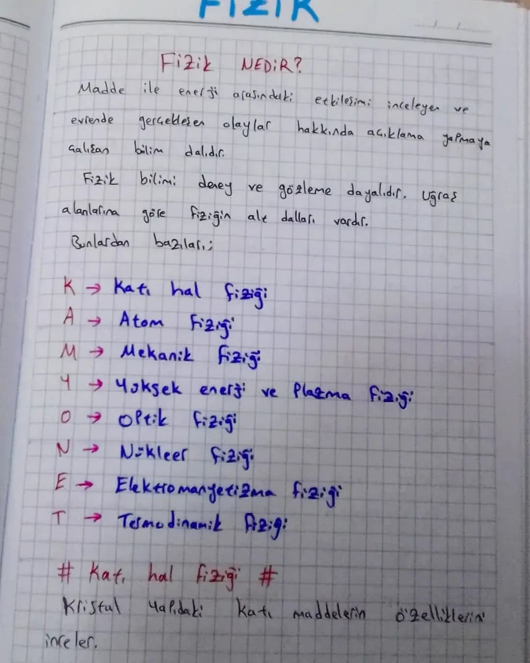 Fizik NEDİR?

Madde ile enerji arasındaki etkileşimi inceleyer ve
evrende gerçekleşen olaylar hakkında açıklama yapmaya
çalışan bilim dalıdı