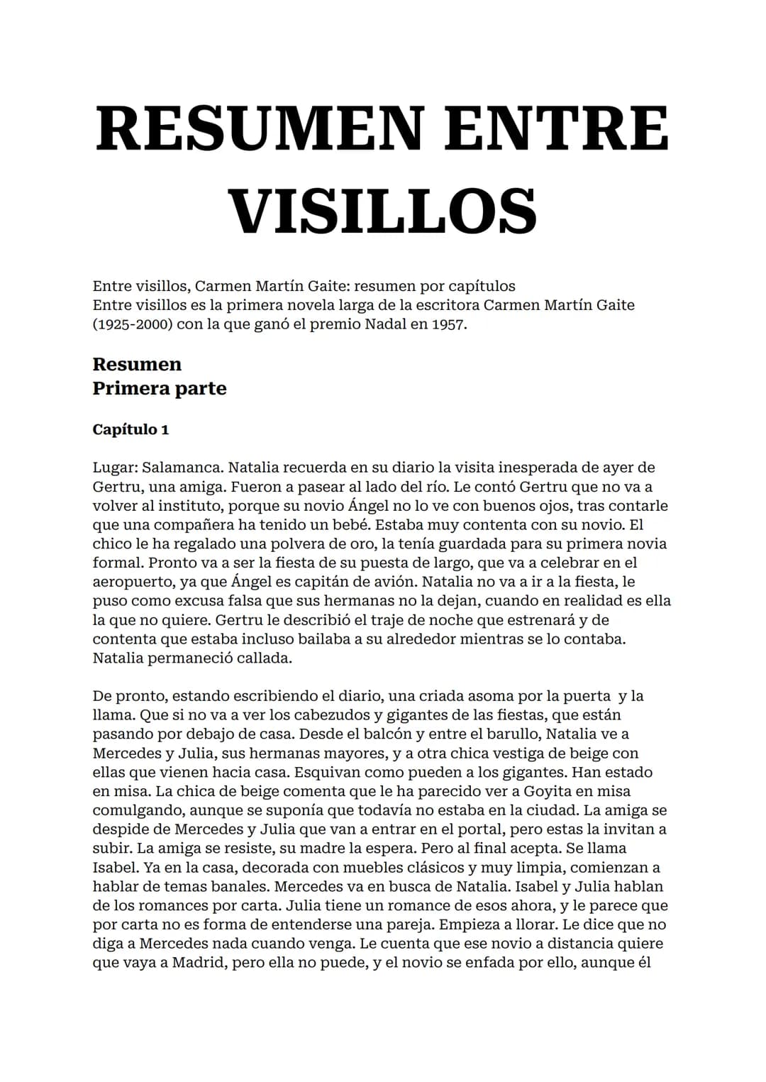 # RESUMEN ENTRE
# VISILLOS

Entre visillos, Carmen Martín Gaite: resumen por capítulos
Entre visillos es la primera novela larga de la escri