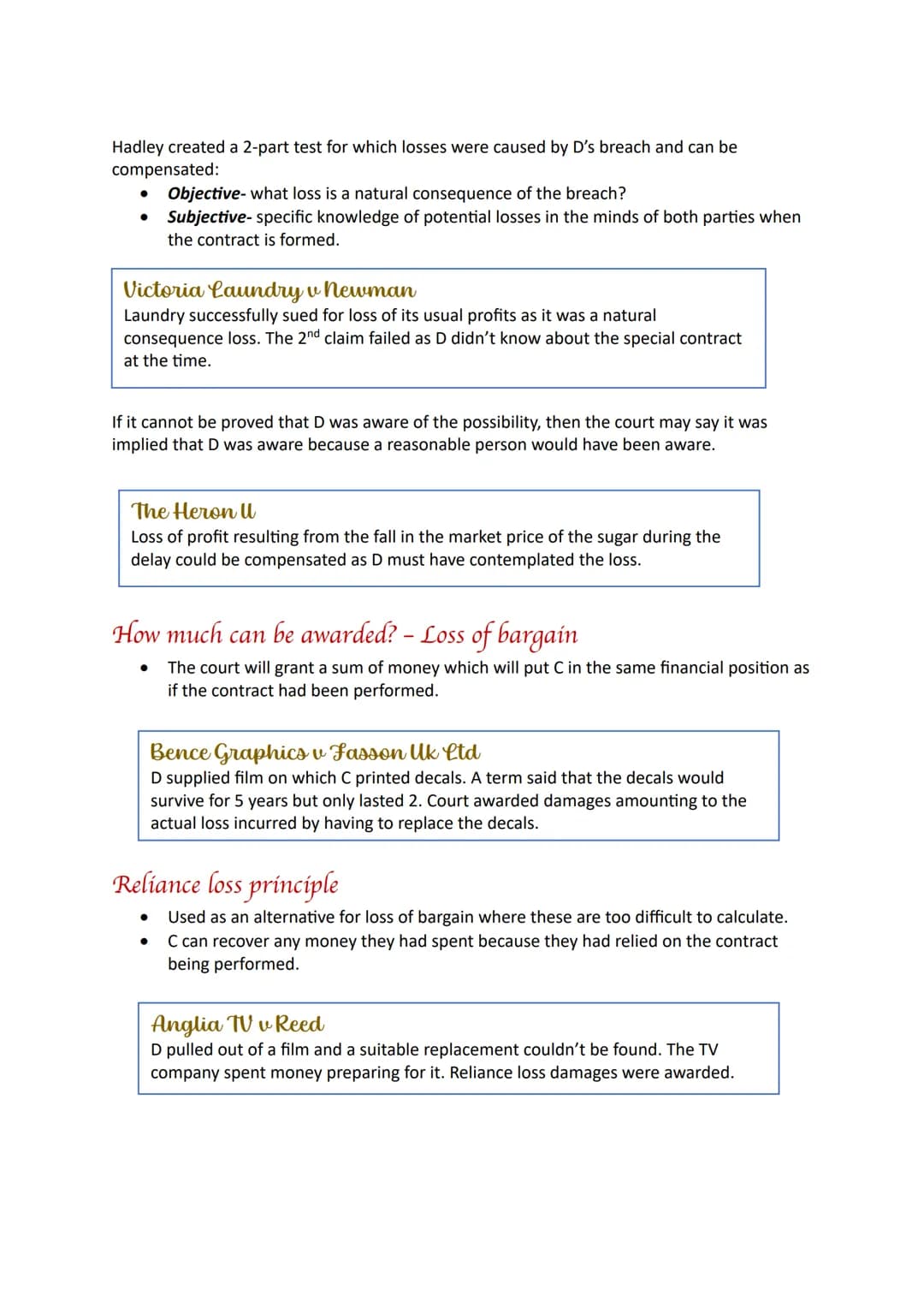 # Remedies # DAMAGES

*   The main legal remedy in contract law.
*   It is aright if C has won a claim for breach of contract so C will rece