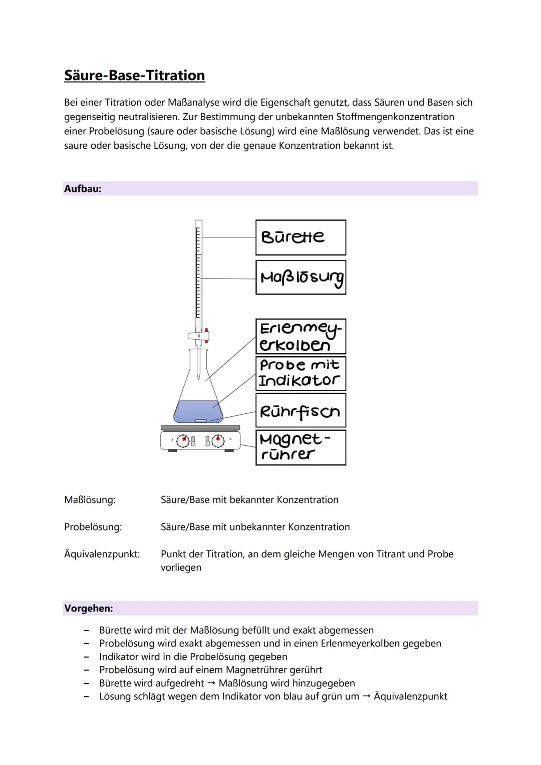 # Säure-Base-Titration

Bei einer Titration oder Maßanalyse wird die Eigenschaft genutzt, dass Säuren und Basen sich
gegenseitig neutralisie
