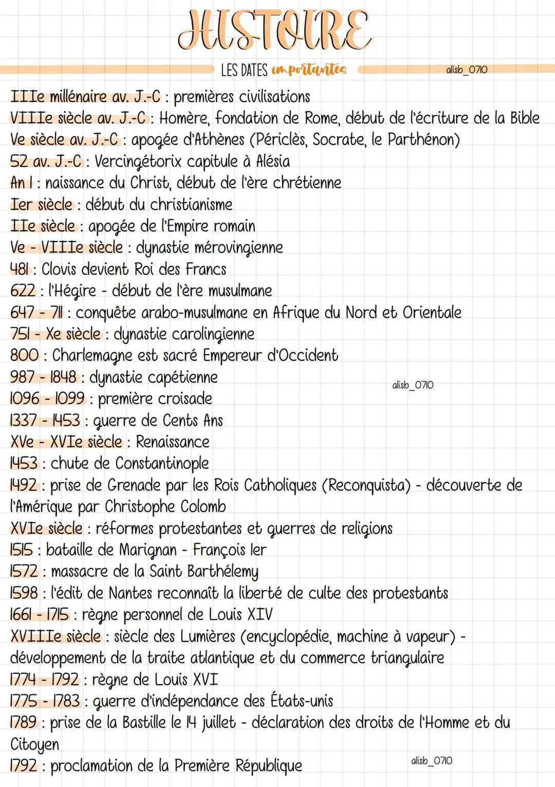 # HISTOIRE

LES DATES importantes

IIIe millénaire av. J.-C: premières civilisations
alisb_0710
VIIIe siècle av. J.-C: Homère, fondation de 