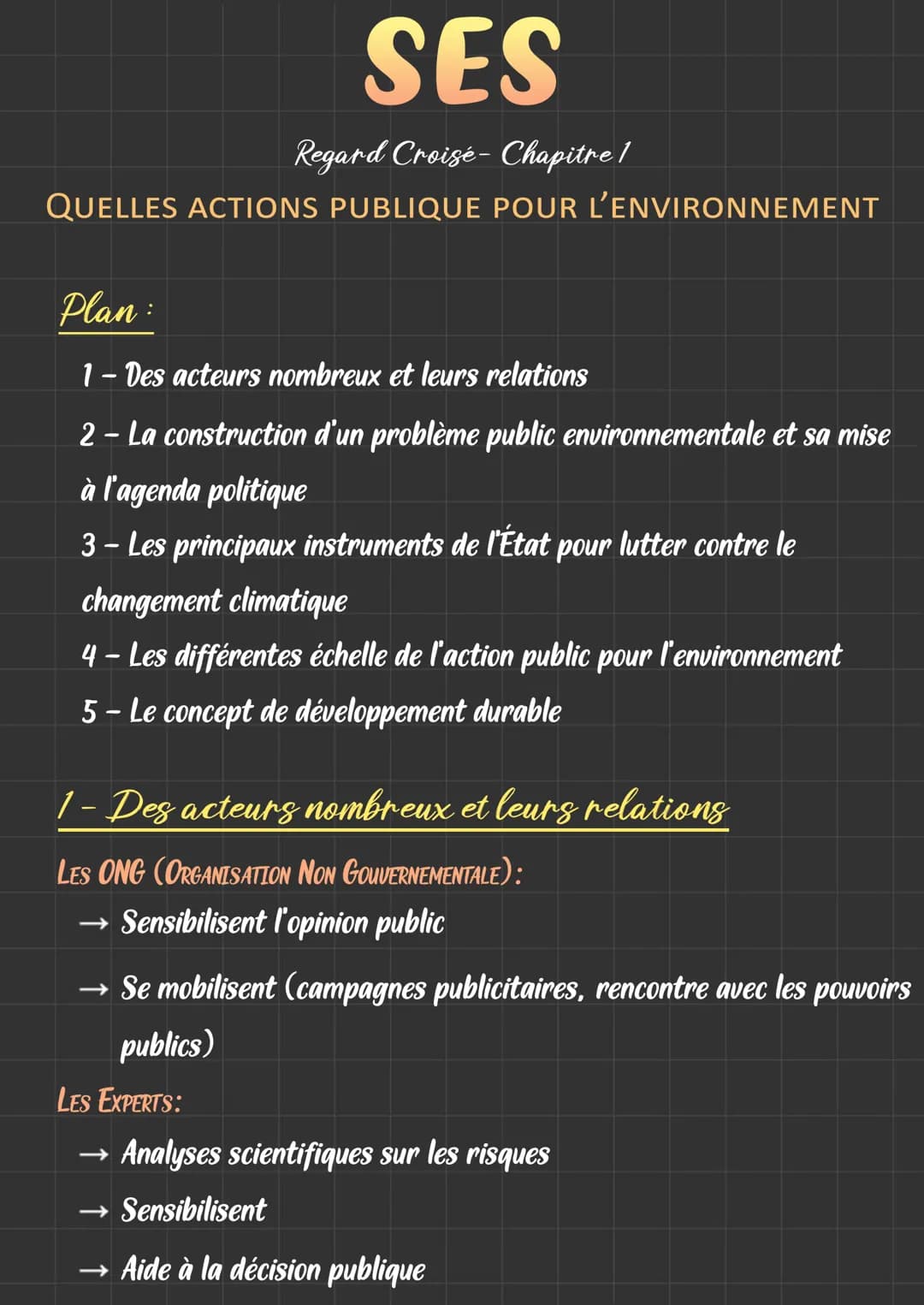 # SES
Regard Croise-Chapitre 1
# QUELLES ACTIONS PUBLIQUE POUR L'ENVIRONNEMENT
Plan:
1- Des acteurs nombreux et leurs relations
2- La constr