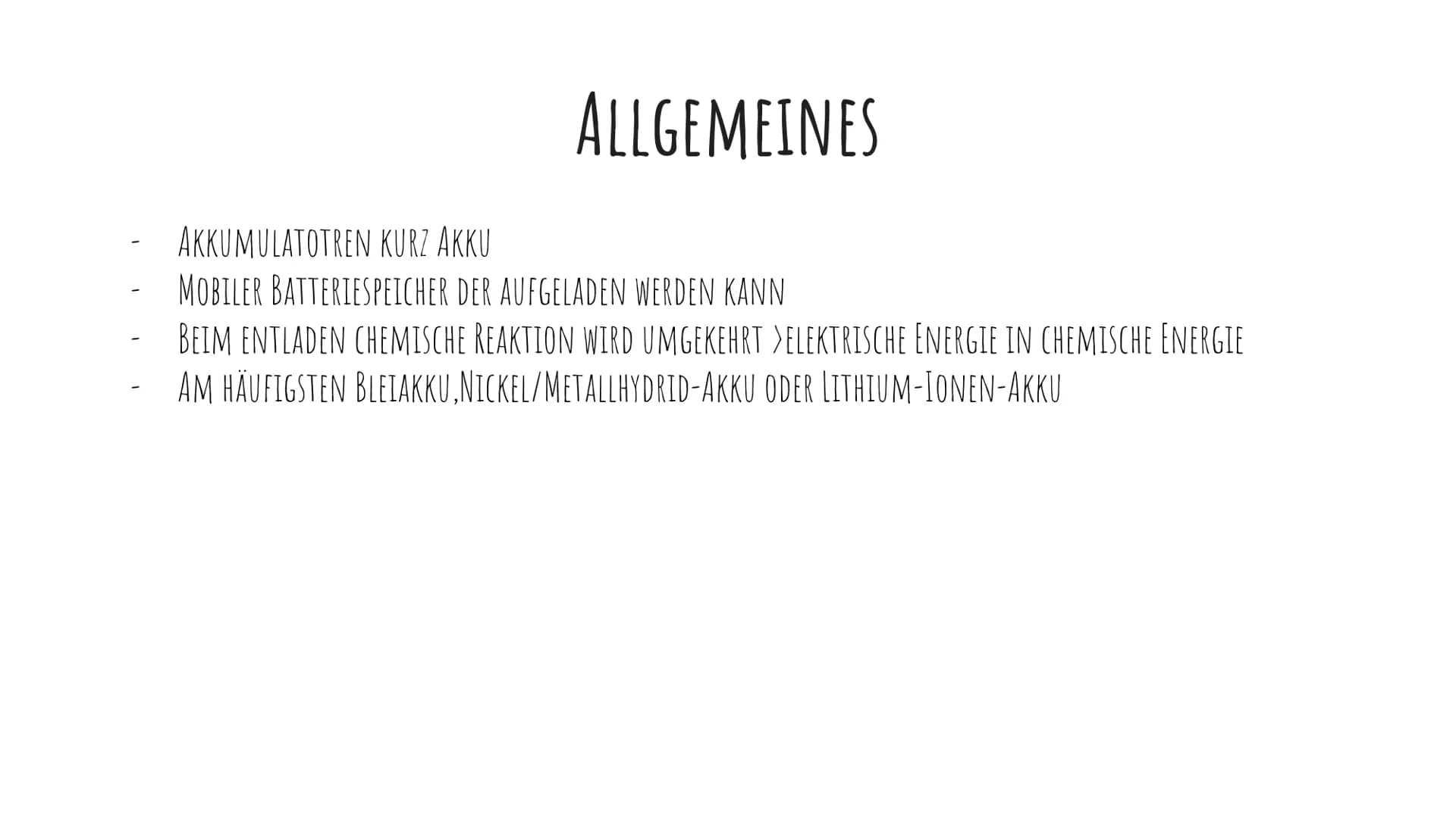 # AKKUMULATOREN

VON JOHANNA UND EMELY - ALLGEMEINES
- BLEIAKKU
  - AUFBAU
  - LADEVORGANG
  - ENTLADEVORGANG
- LITHIUM-IONEN-AKKUMULATOREN

