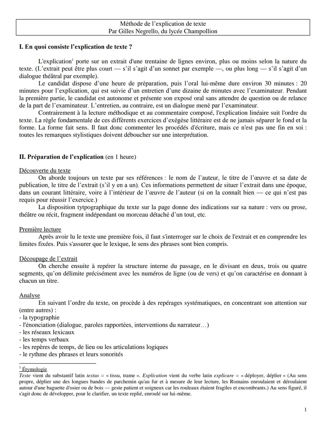 Méthode de l'explication de texte
Par Gilles Negrello, du lycée Champollion

I. En quoi consiste l'explication de texte ?

L'explication' po