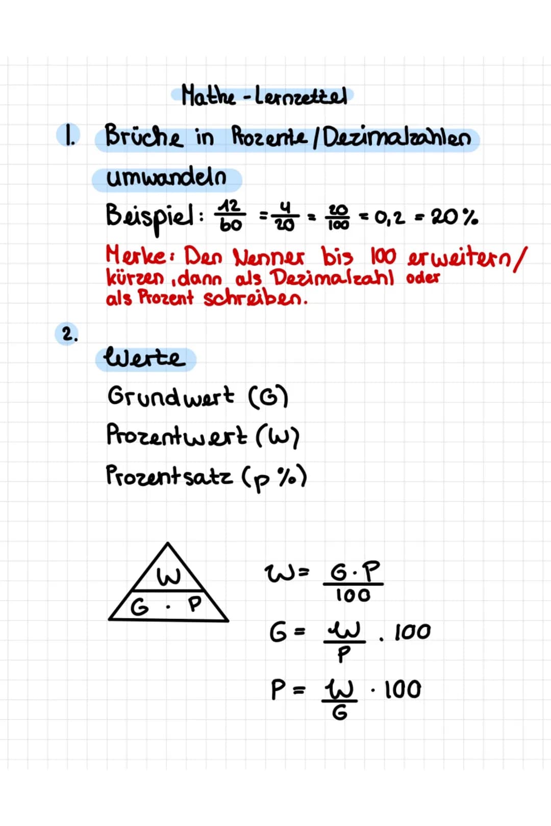 Mathe -Lernzettel

1. Brüche in Rozente / Dezimalzahlen
umwandeln
Beispiel: $\frac{12}{bo} = \frac{4}{20} = \frac{20}{100} = 0,2 = 20%$
Merk