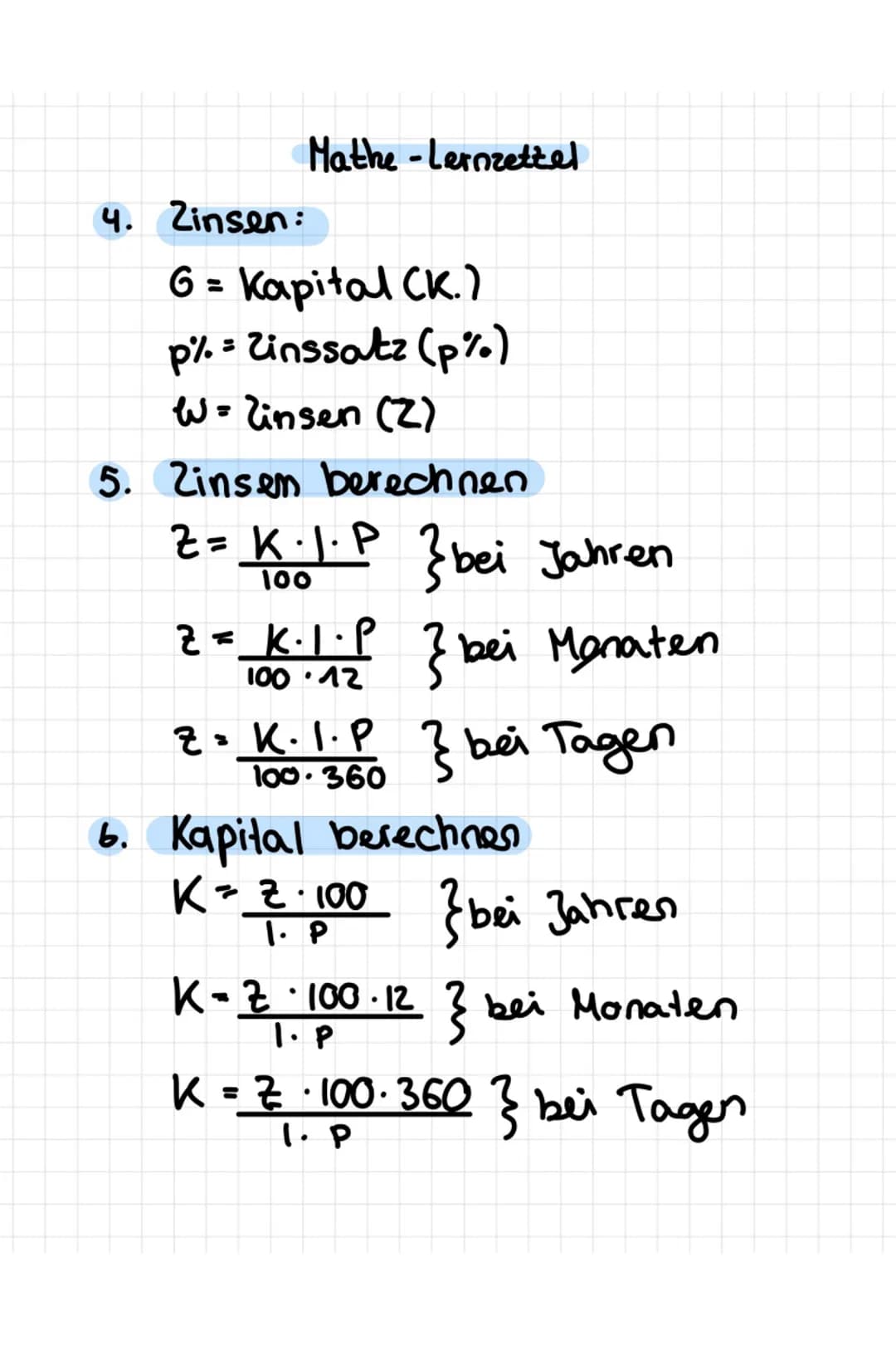 Mathe -Lernzettel

1. Brüche in Rozente / Dezimalzahlen
umwandeln
Beispiel: $\frac{12}{bo} = \frac{4}{20} = \frac{20}{100} = 0,2 = 20%$
Merk