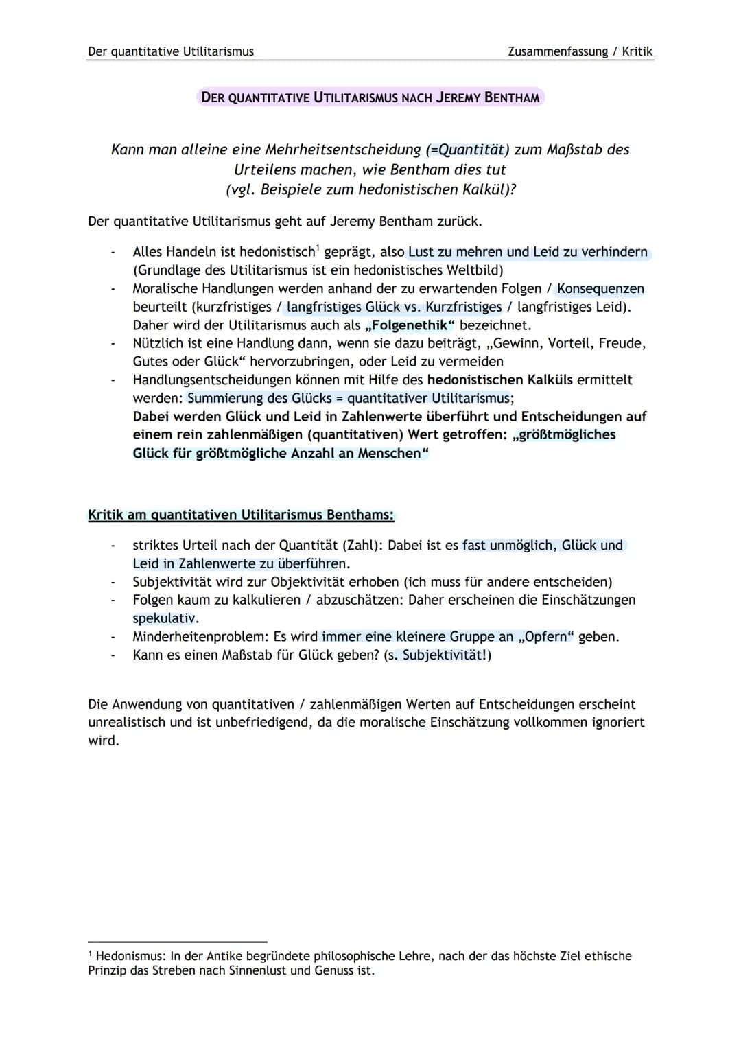 # Der quantitative Utilitarismus

Zusammenfassung / Kritik

## DER QUANTITATIVE UTILITARISMUS NACH JEREMY BENTHAM

Kann man alleine eine Meh