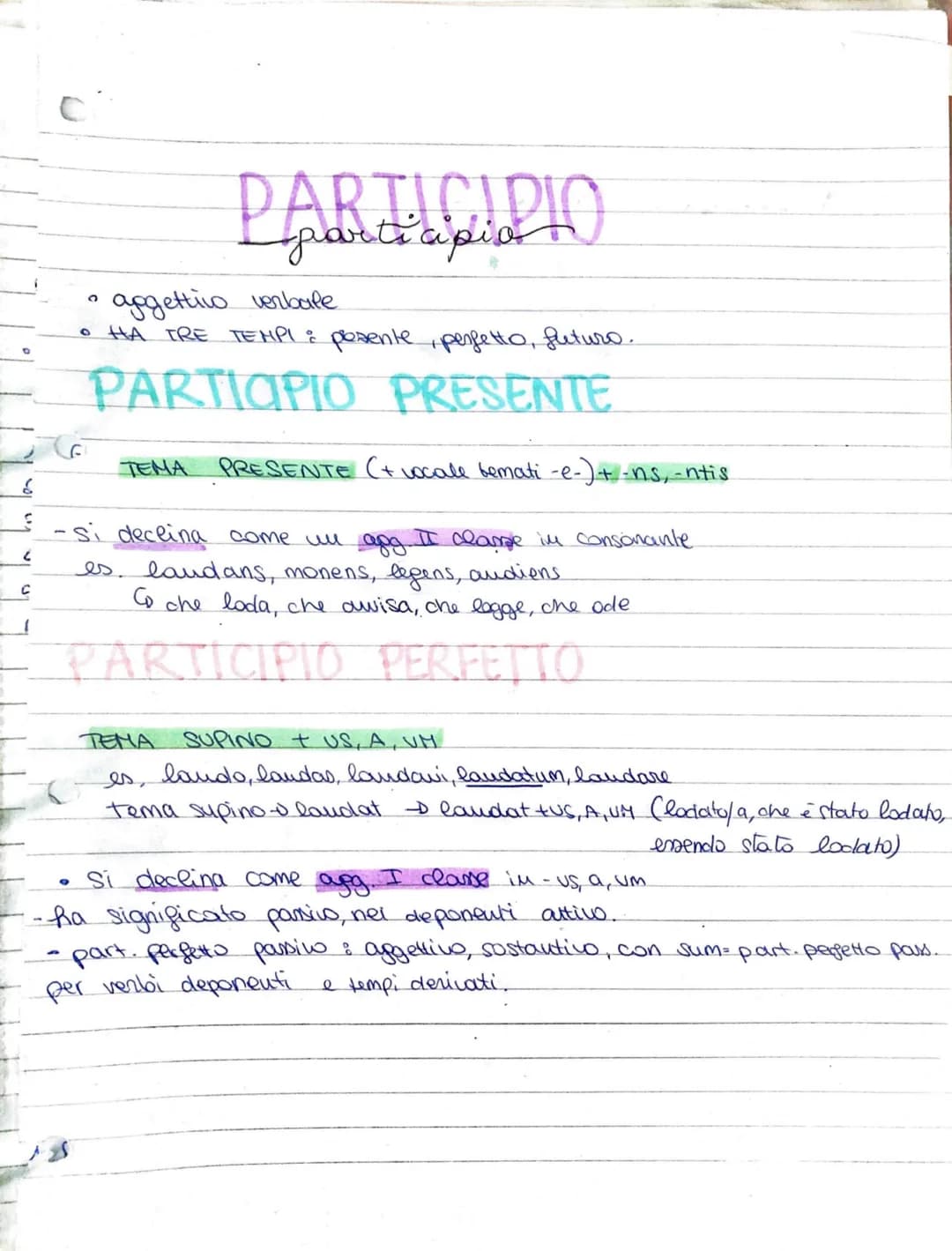 ### PARTICIPIO

*   apgettivo verbale
*   HA TRE TEMPI : presente, perfetto, futuro.

### PARTIOPIO PRESENTE

TEMA PRESENTE (+ vocale bemati