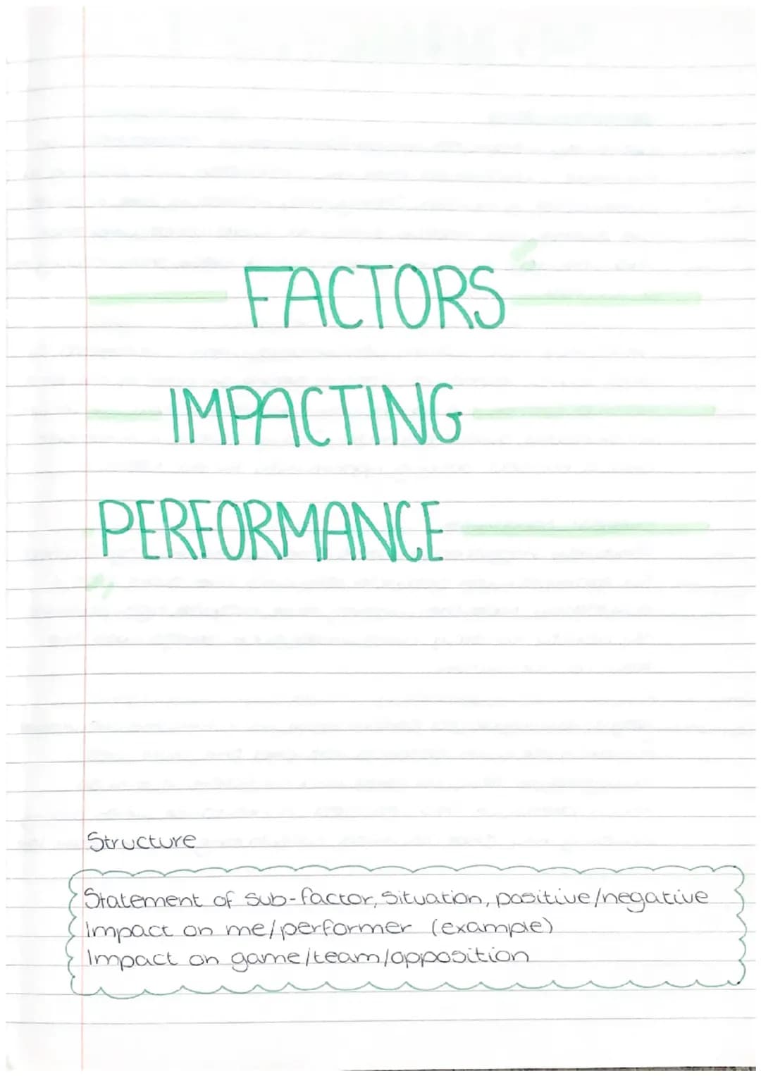 FACTORS
IMPACTING
PERFORMANCE

Structure
Statement of sub-factor, Situation, positive/negative
Impact on me/performer (example)
Impact on ga