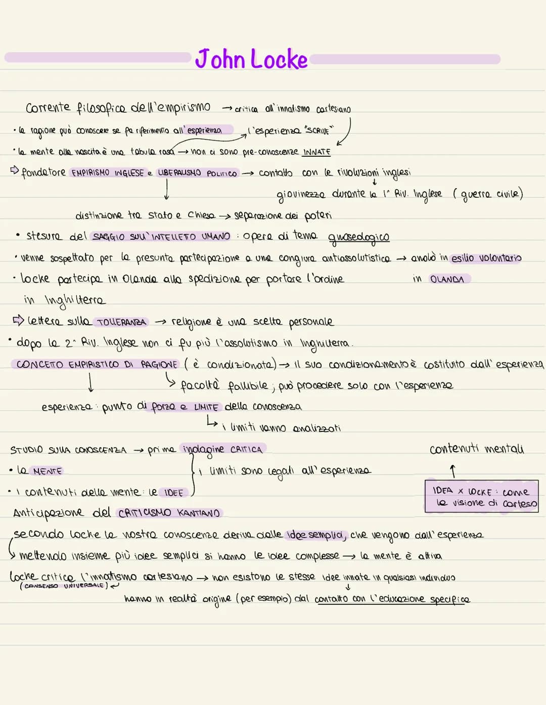 John Locke

Corrente filosofice dell'empirismo critica all' innatismo cartesiano

• la ragione può conoscere se pe riferimento all'esperienz