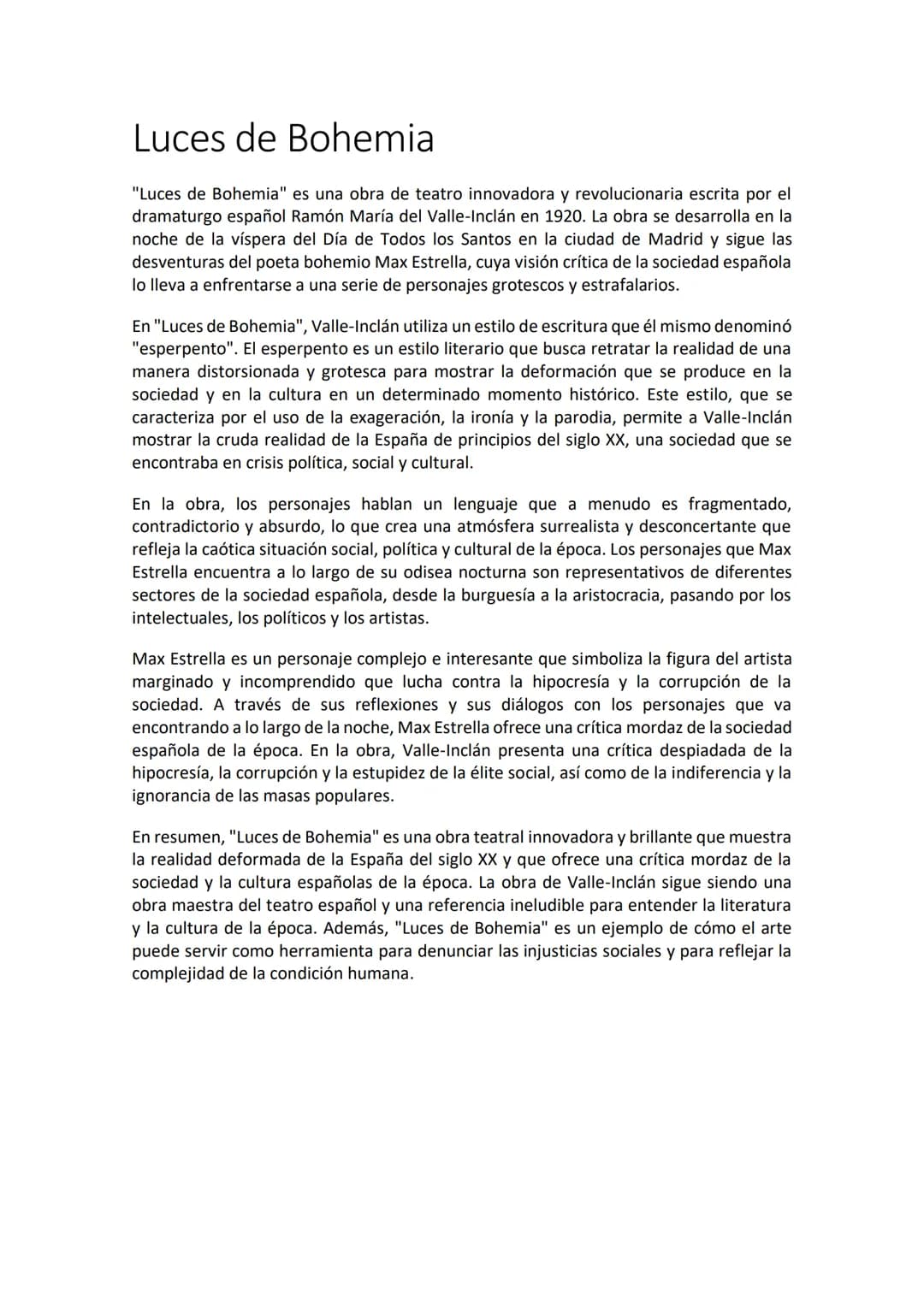 # Luces de Bohemia

"Luces de Bohemia" es una obra de teatro innovadora y revolucionaria escrita por el
dramaturgo español Ramón María del V