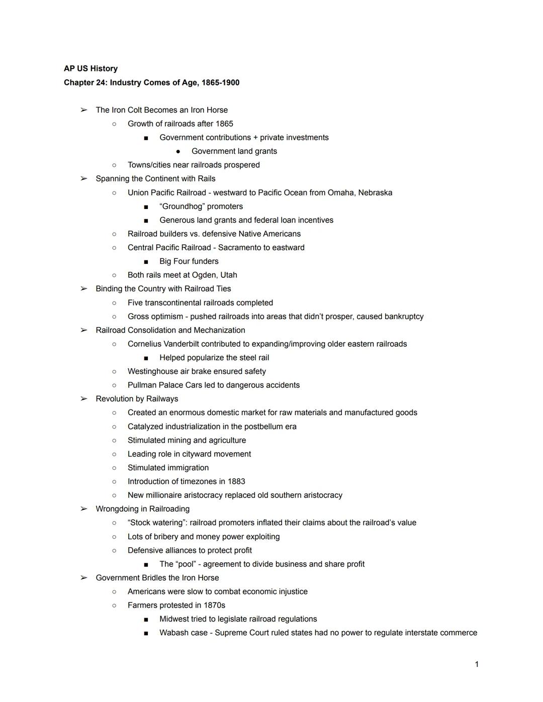 AP US History
Chapter 24: Industry Comes of Age, 1865-1900

➤ The Iron Colt Becomes an Iron Horse
	*   Growth of railroads after 1865
		*   
