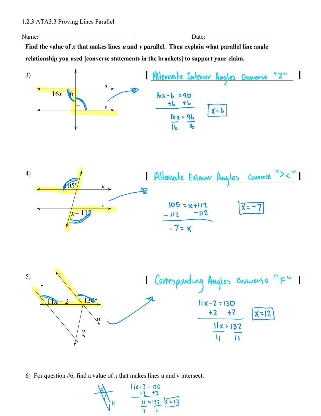 # 1.2.3 ATA3.3 Proving Lines Parallel

Name: _ Date:_

Aim: What is a Converse Statement? How do we use angle pair relationships formed
by 2