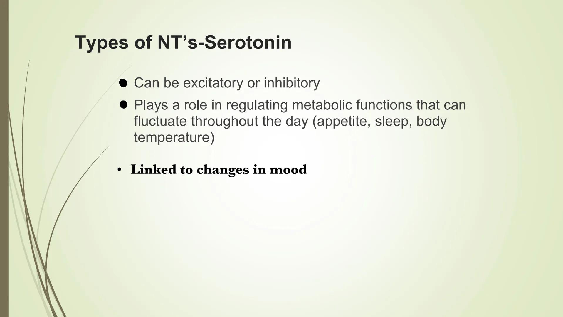 # The synapse and neurotransmitters

Excitatory Neurotransmitters
•Starts impulse transmission

• Will start a new impulse in the postsynapt