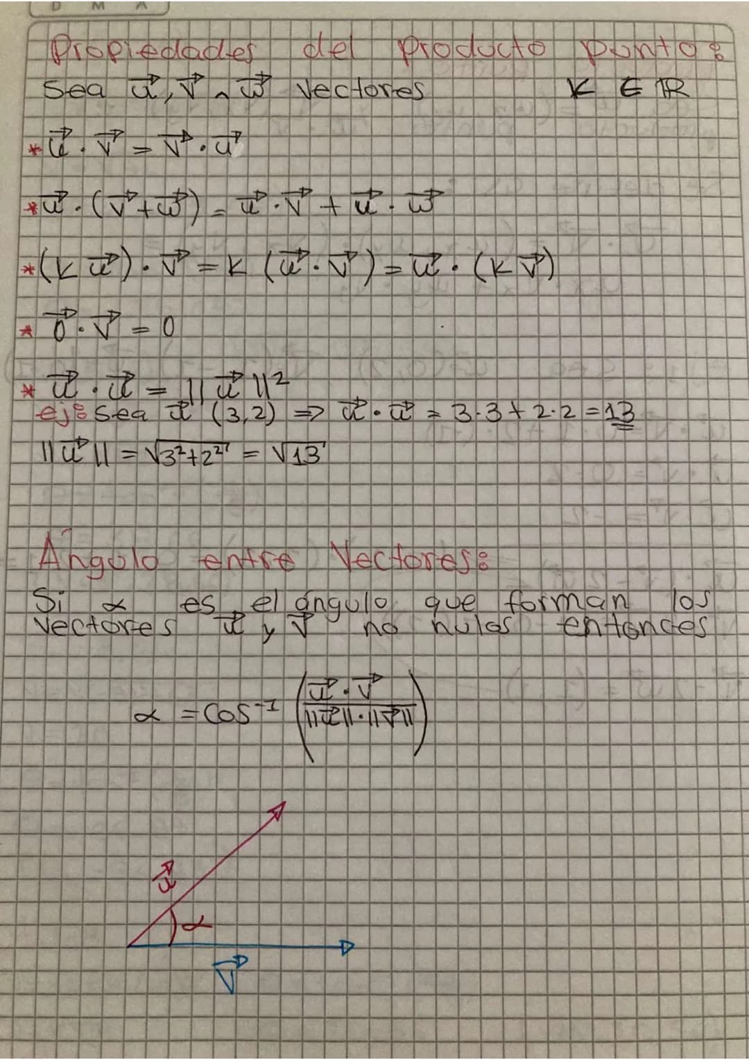 D
M
A
Propiedades del producto punto:
Sea $\vec{u}, \vec{v}, \vec{w}$ Vectores $K \in R$
* $\vec{u} \cdot \vec{v} = \vec{v} \cdot \vec{u}$
*