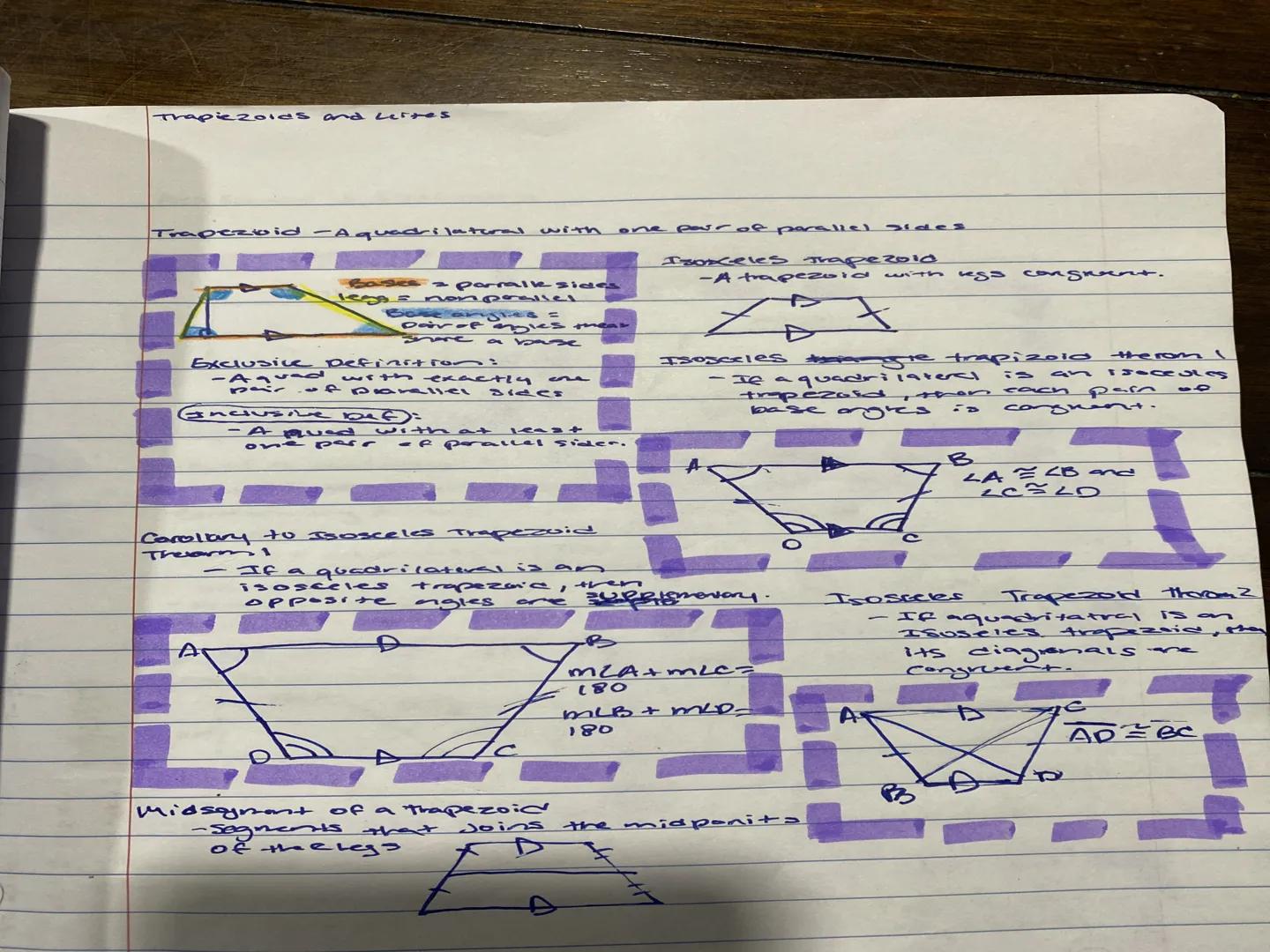 # Trapiezoids and Lertes

Trapezoid - Aquadrilateral with one pour of parallel sides

Bases 2 porrale sides

lego = nonpraاع

Bose angles =
