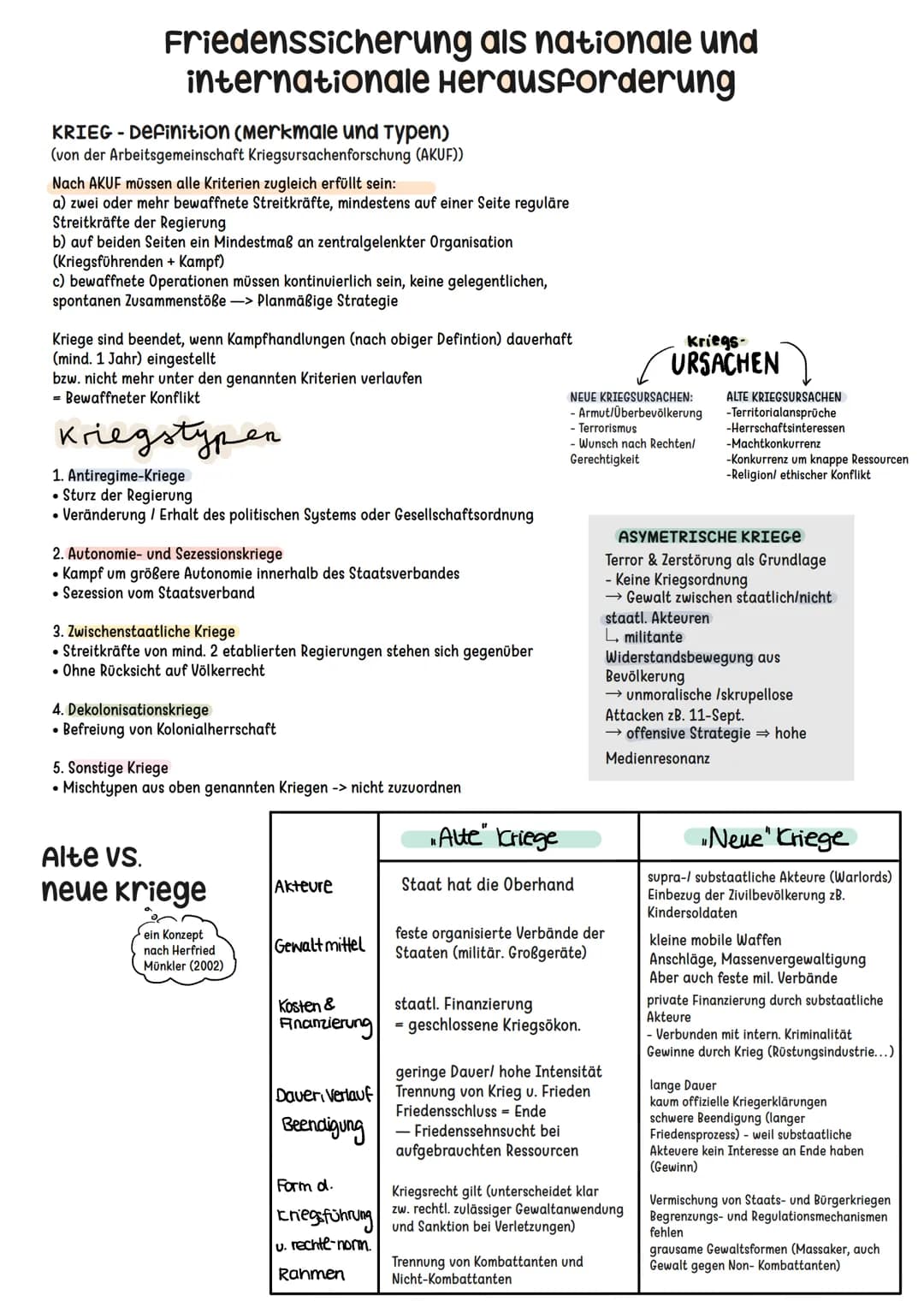 Friedenssicherung als nationale und
internationale Herausforderung

KRIEG - Definition (merkmale und Typen)
(von der Arbeitsgemeinschaft Kri